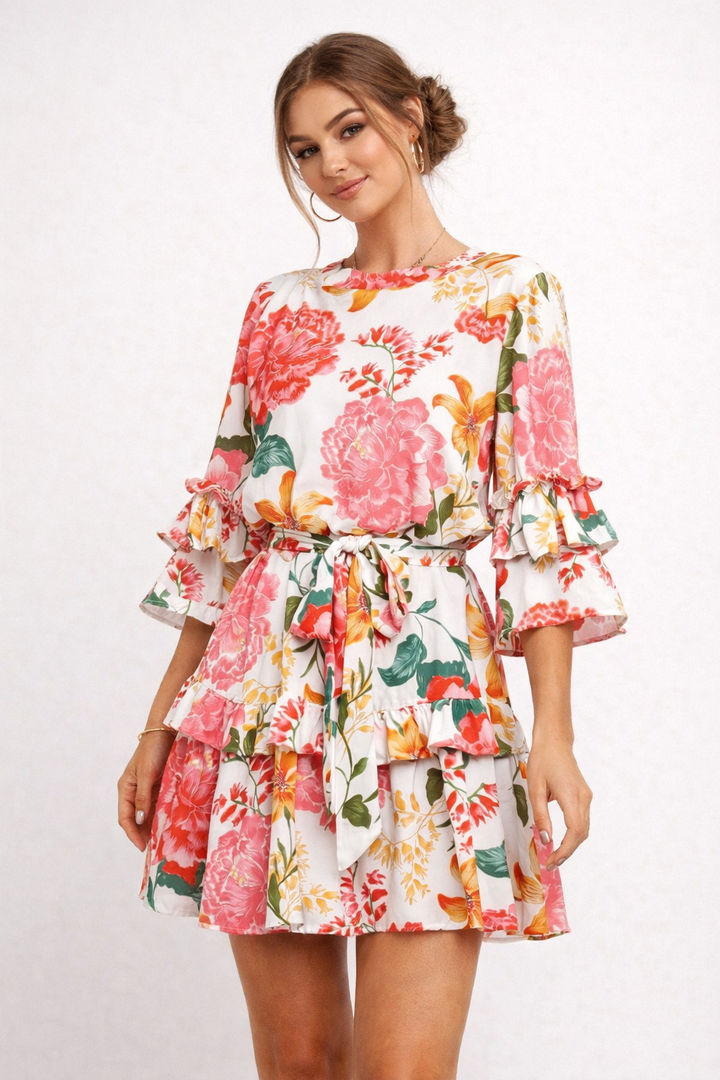 Robe fleurie femme à volants et nœud, style élégant décontracté, parfaite pour l'été.