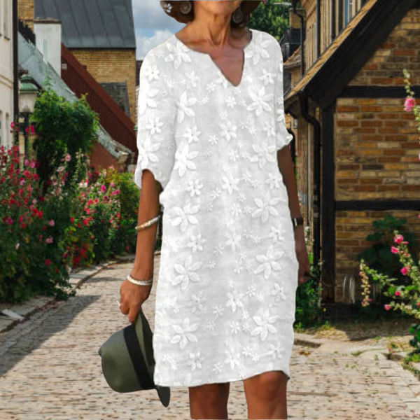 Robe florale féminine, coupe décontractée, col V, manches mi-longues, élégante et confortable, idéale pour toutes occasions.