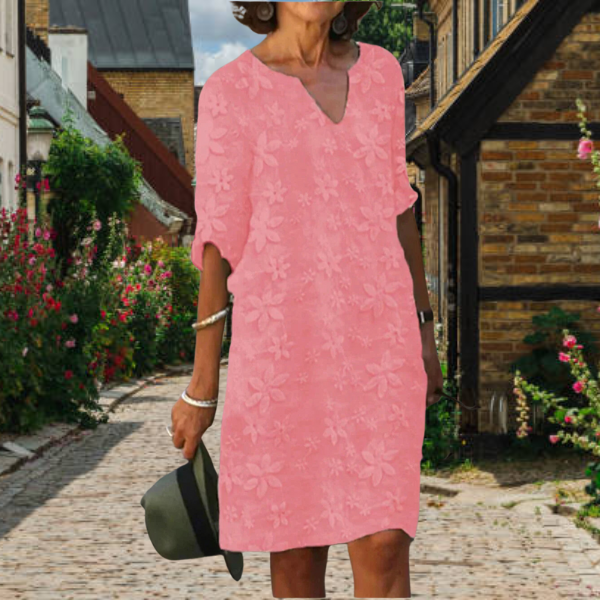 Robe florale féminine, coupe décontractée, col V, manches mi-longues, élégante et confortable, idéale pour toutes occasions.