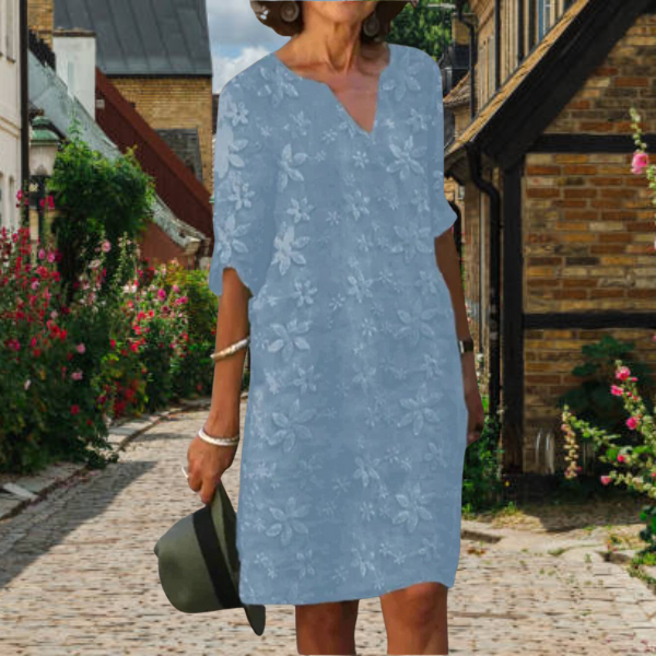 Robe florale féminine, coupe décontractée, col V, manches mi-longues, élégante et confortable, idéale pour toutes occasions.