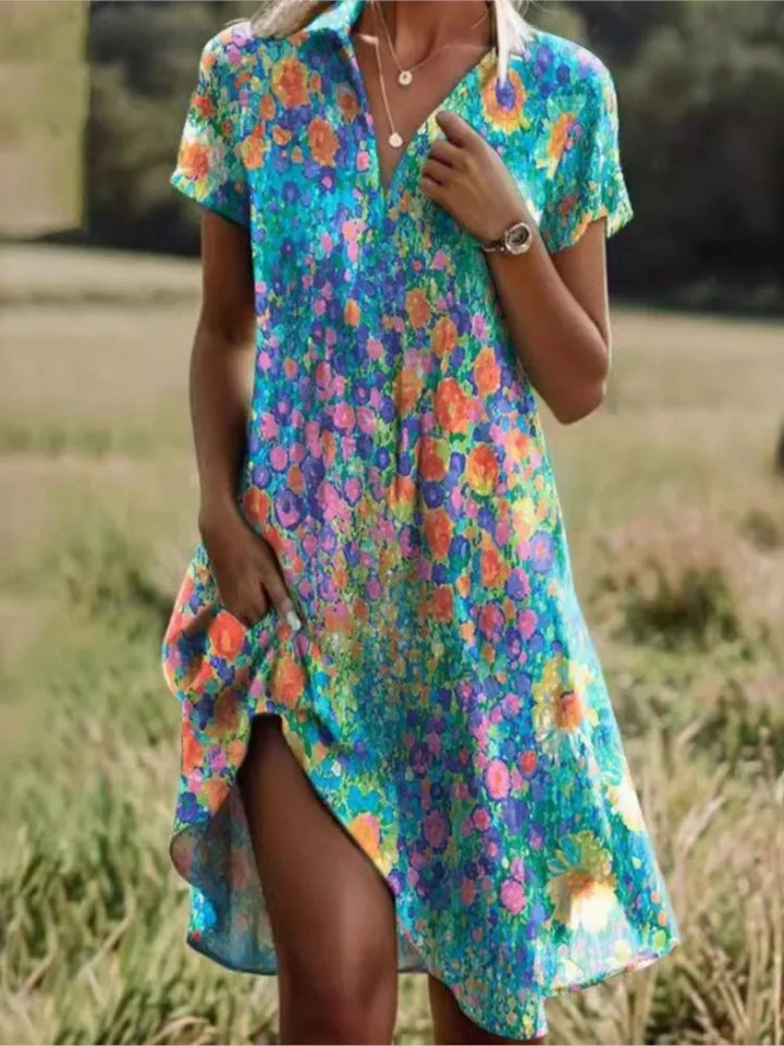 Robe florale boutonnée pour femme, col V profond, manches longues, imprimé chic et tendance.