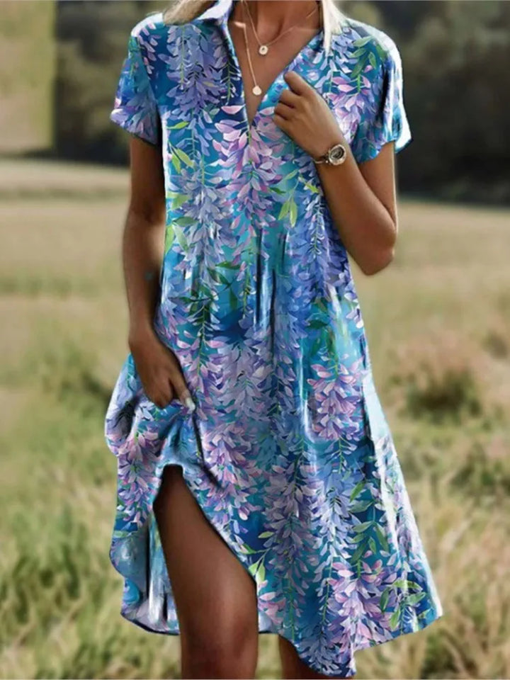 Robe florale d'automne femme, col V, manches longues, boutons, motif fleuri tendance et élégant.
