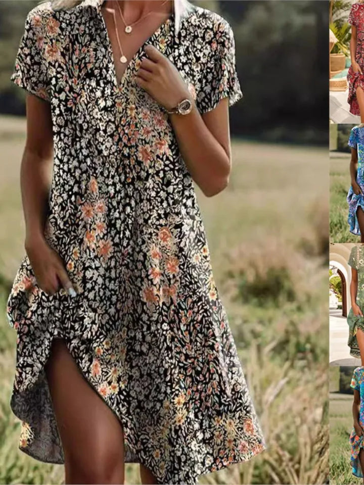 Robe florale femme chic, col V, manches longues, motif fleuri, idéale pour look décontracté ou habillé.