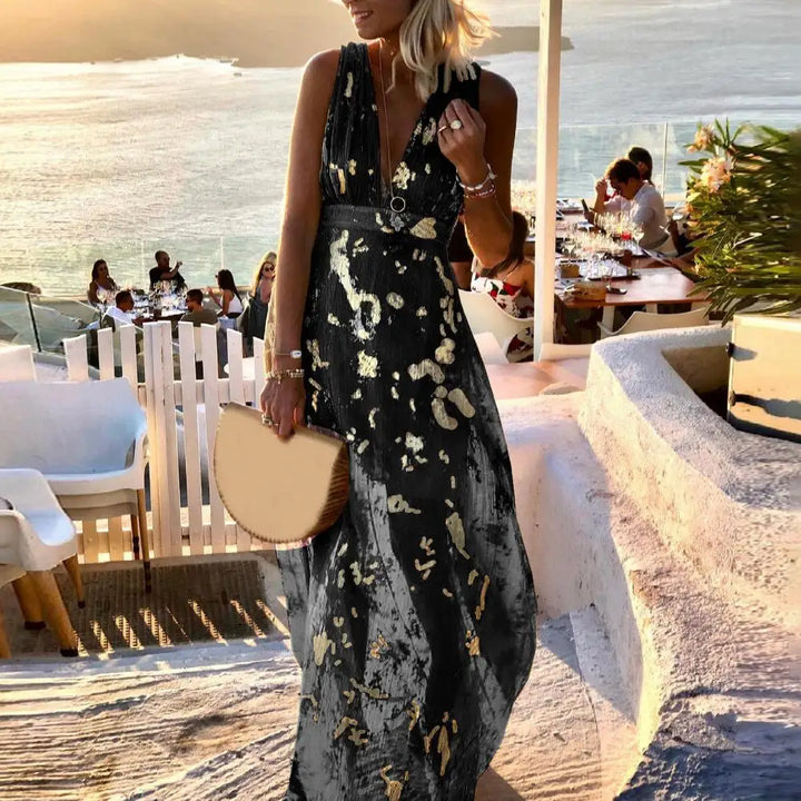 "Robe fluide été col V pailleté bleu ciel, glamour et confortable pour femmes."