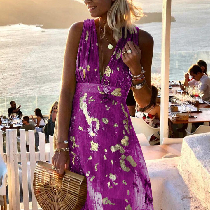 "Robe fluide été col V pailleté bleu ciel, glamour et confortable pour femmes."