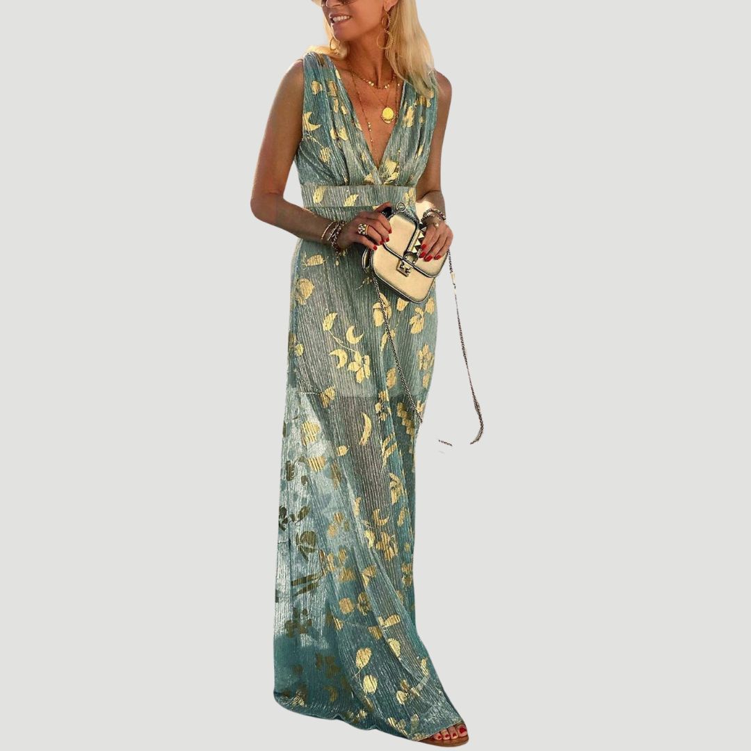 "Robe fluide été col V pailleté bleu ciel, glamour et confortable pour femmes."