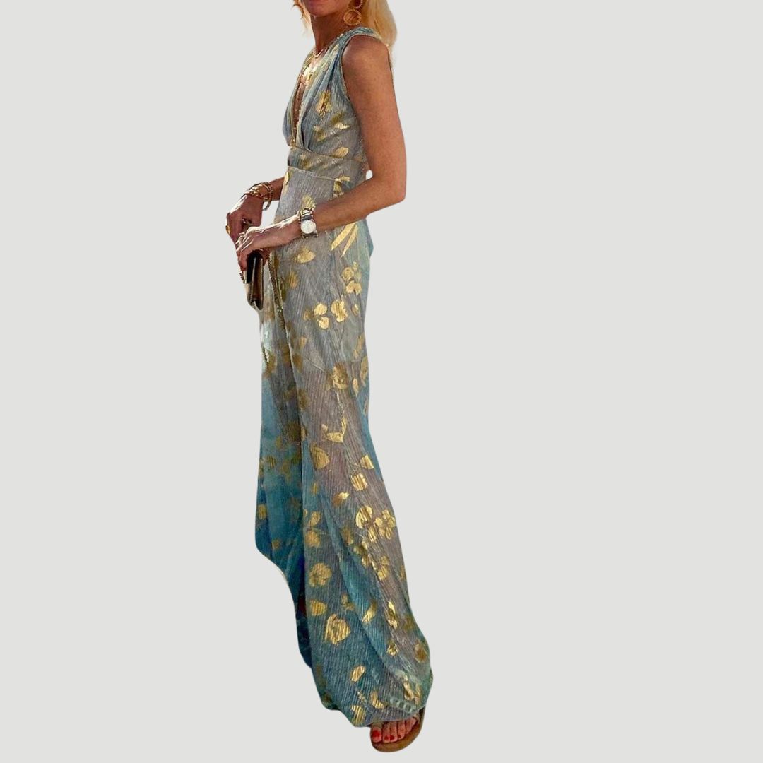 "Robe fluide été col V pailleté bleu ciel, glamour et confortable pour femmes."