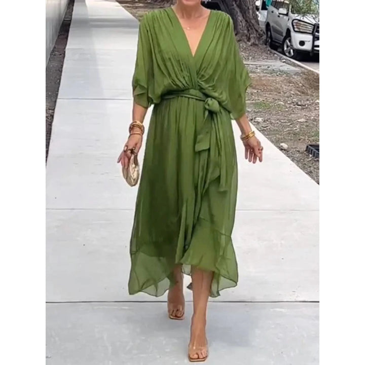 Robe femme élégante, col V, fluide, polyvalente, pour printemps/été et diverses occasions.