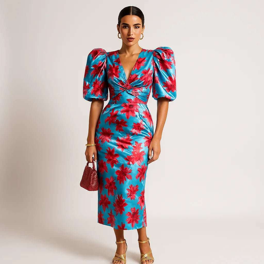 Robe imprimée, manches bouffantes, décolleté V.  Style chic et féminin.