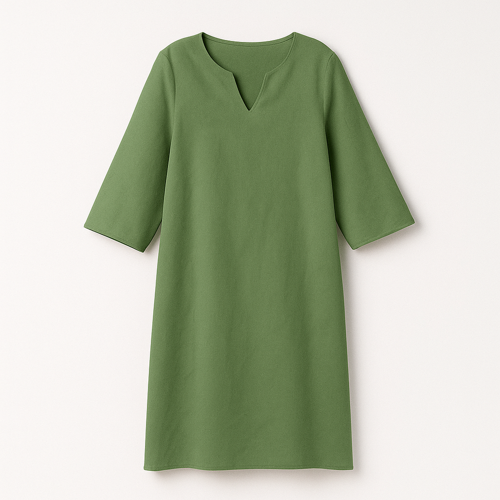 Robe midi chic pour femme, col V. Disponible en noir, vert, orange, bleu. Idéale pour soirée ou automne.