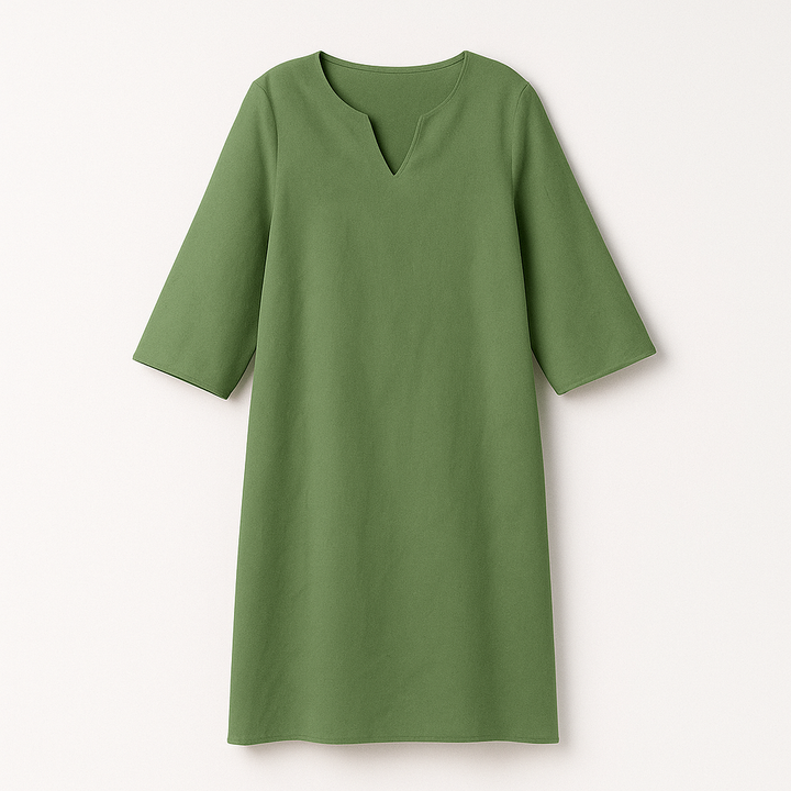 Robe midi chic pour femme, col V. Disponible en noir, vert, orange, bleu. Idéale pour soirée ou automne.