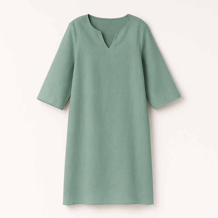 Robe sophistiquée femme, col V tendance. Coupe midi élégante pour automne, décontractée ou soirée.