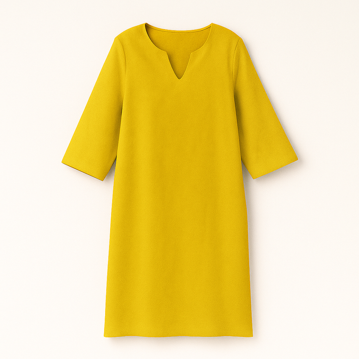 Robe automne femme en noir, vert, orange, bleu. Élégante, col V, coupe midi. Idéale pour un look tendance.