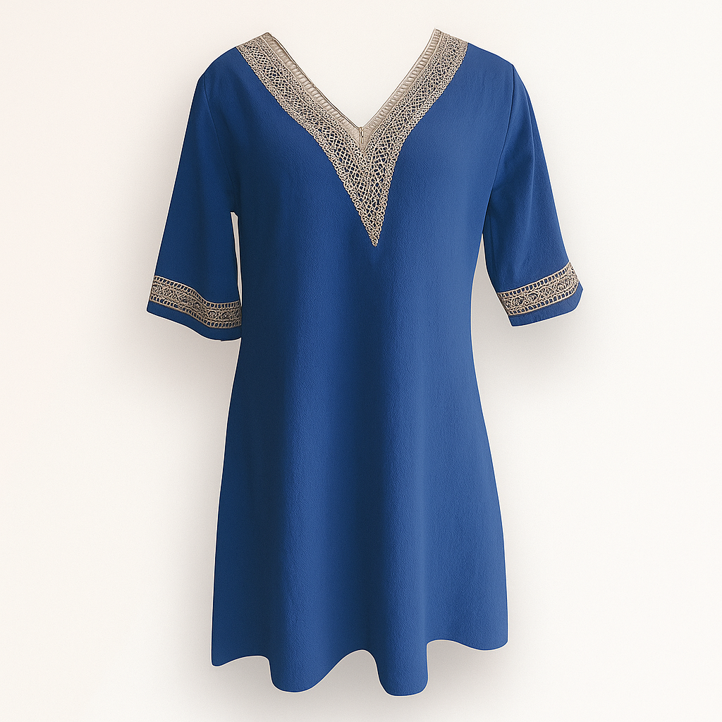 Robe élégante femme col V, dentelle manches 3/4. Parfaite pour le printemps/été, style chic décontracté.