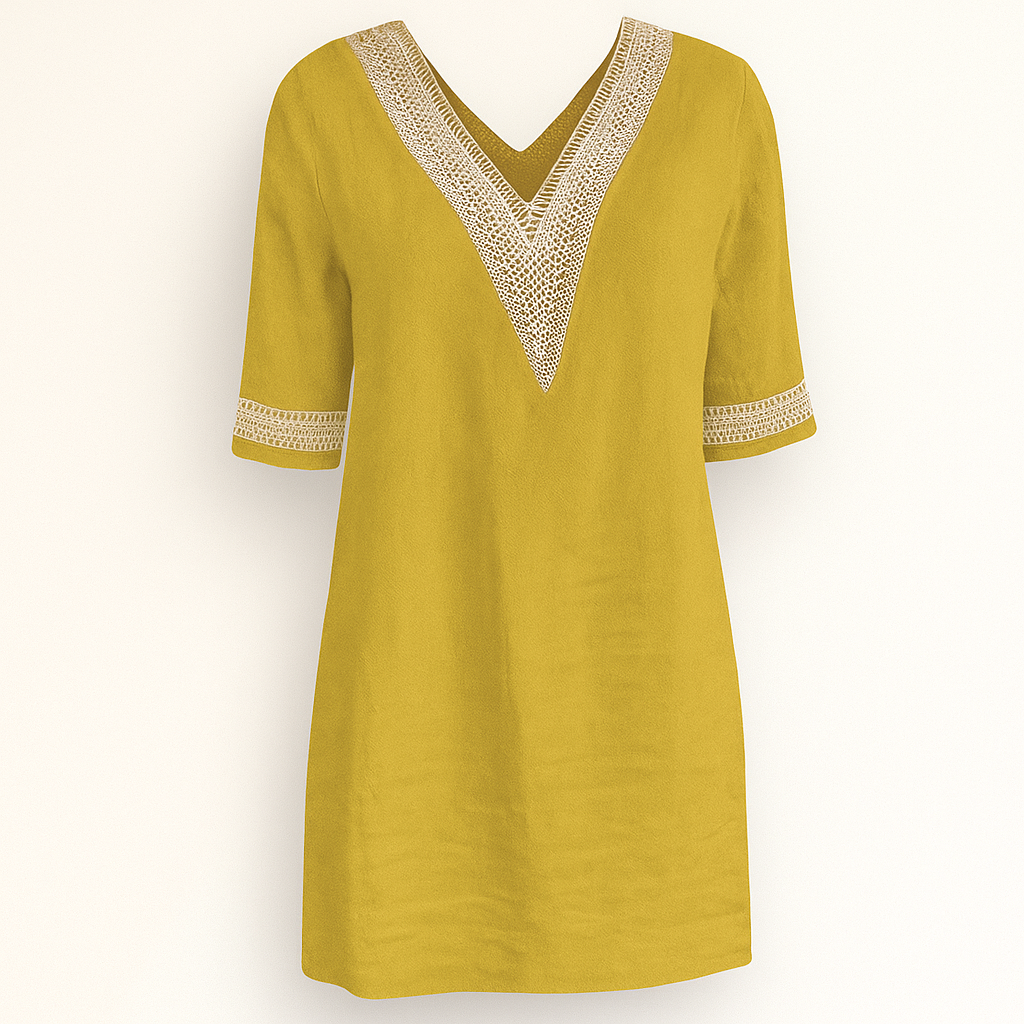 Élégante robe d'été femme, col V et dentelle délicate, manches 3/4. Confort et style bohème chic.