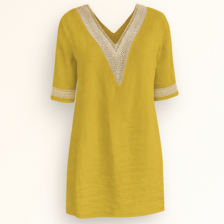 Élégante robe d'été femme, col V et dentelle délicate, manches 3/4. Confort et style bohème chic.