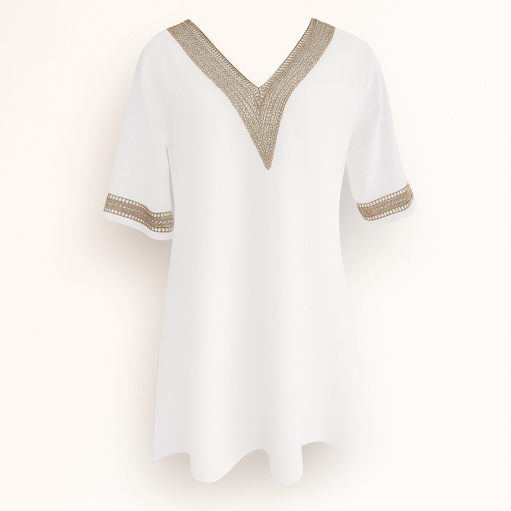 Robe femme col V manches 3/4 en dentelle. Style chic et confortable, parfaite pour l'été et le printemps.