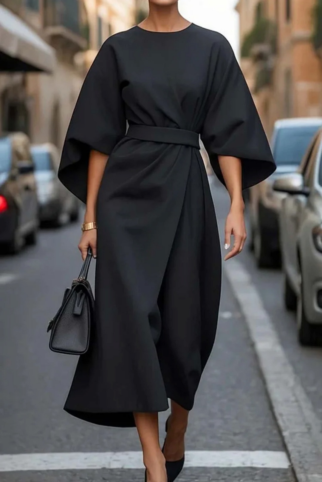 Robe élégante femme Louise, manches lanternes & taille ajustable. Parfaite pour soirées, cocktails ou look de jour chic.