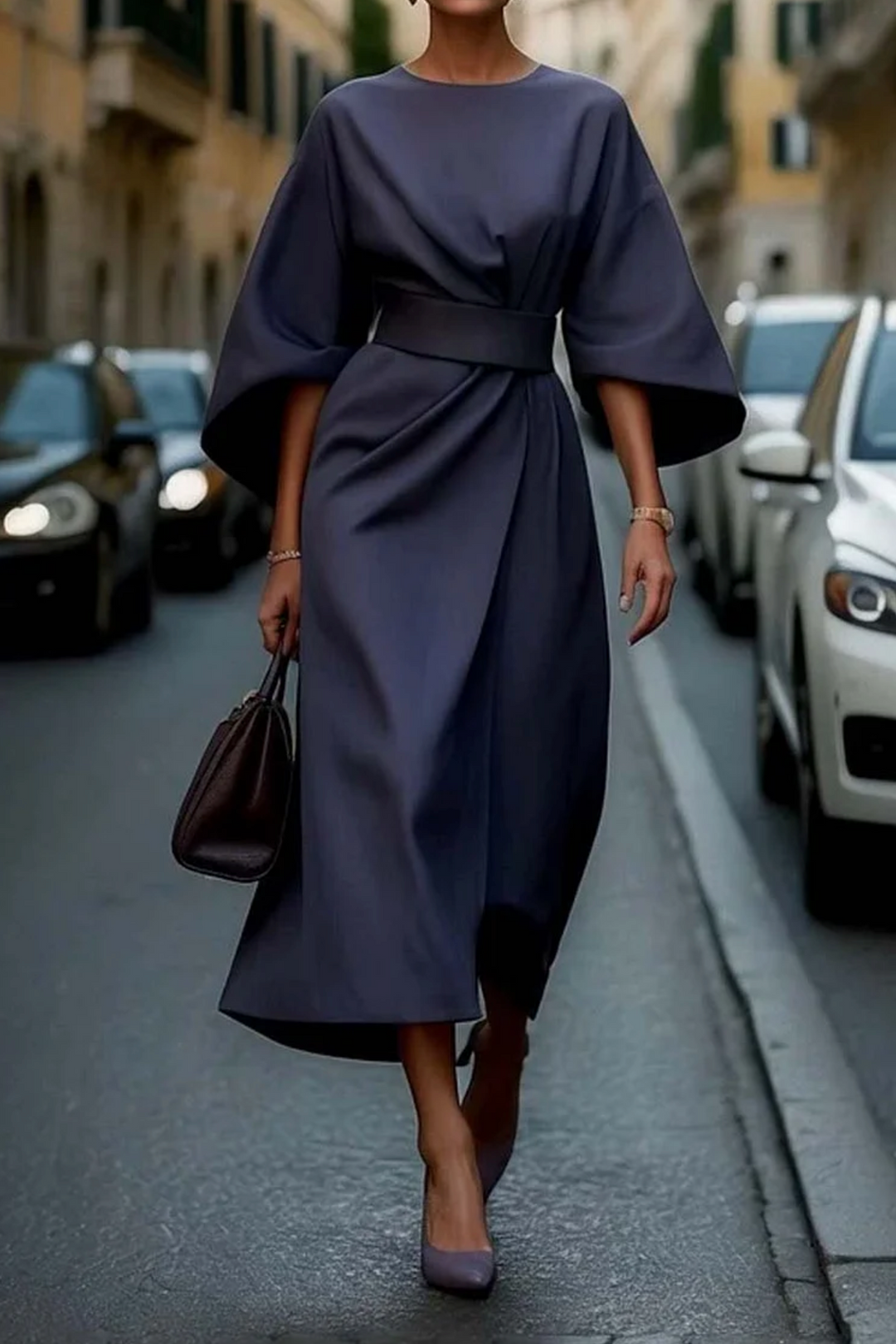 Robe de soirée chic femme Louise avec manches lanternes fluides et taille cintrée ajustable. Mode féminine.