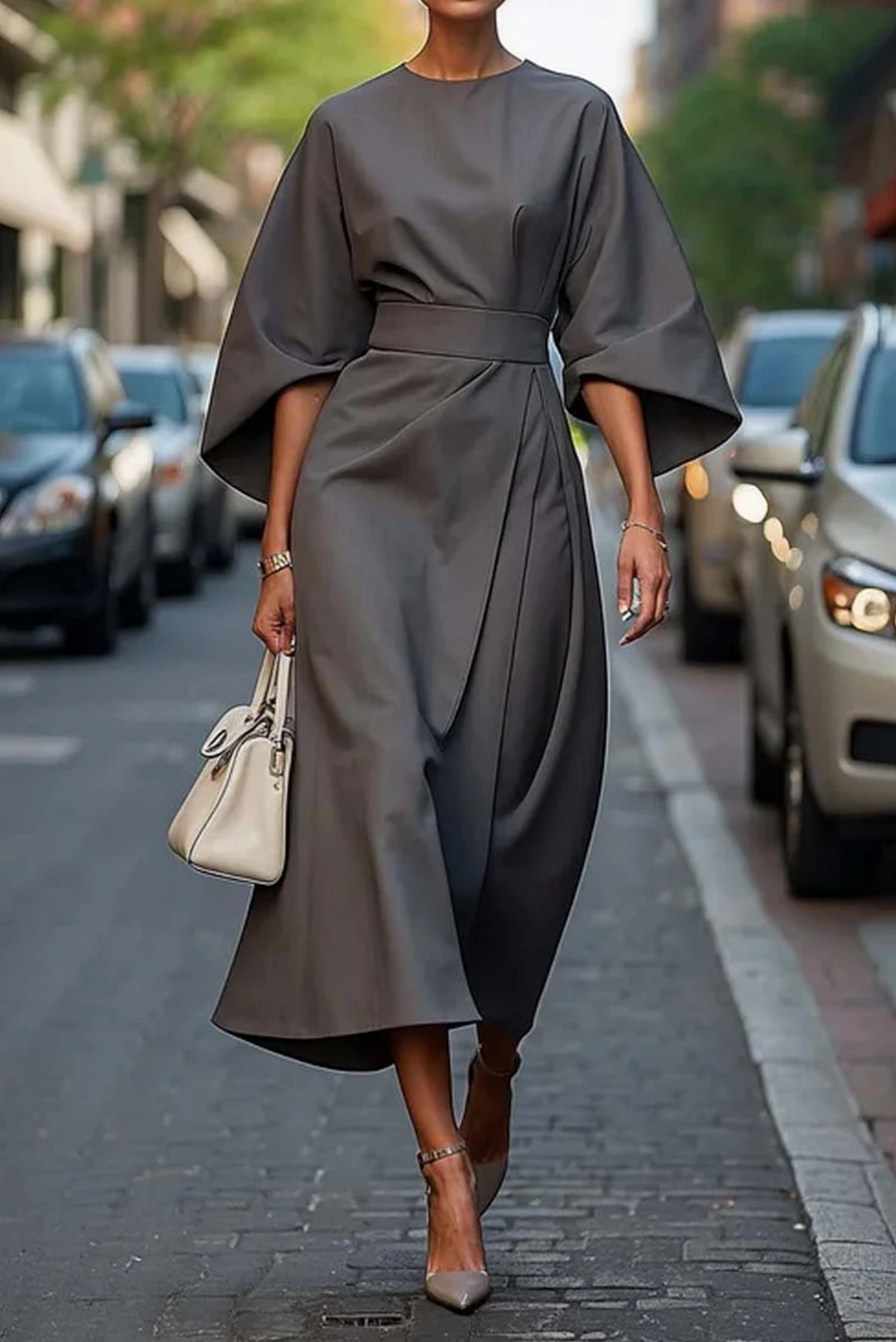 Nouvelle collection: robe élégante femme Louise. Manches lanternes distinctives & taille cintrée ajustable. Style raffiné.