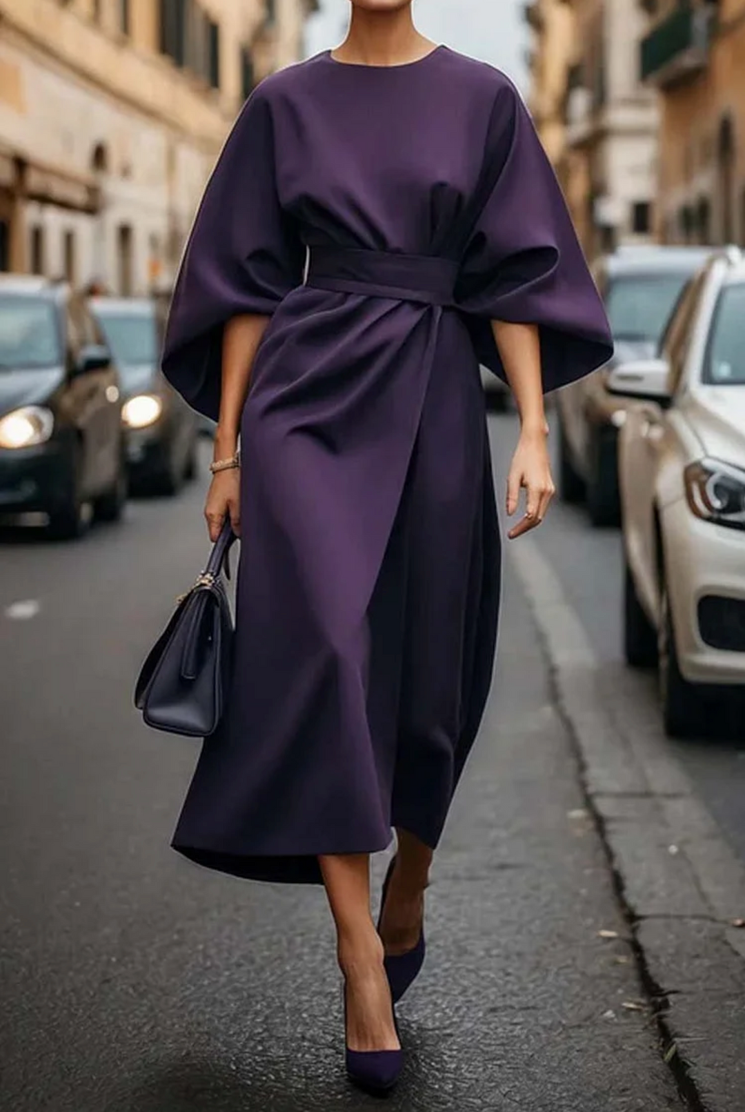 Robe cintrée femme Louise, manches lanternes. Style féminin pour une tenue de soirée ou de jour élégante et confortable.