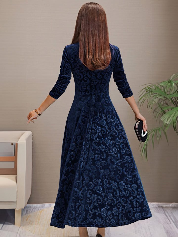 Robe mi-longue florale pour femme, col V, style élégant et décontracté, idéale automne.