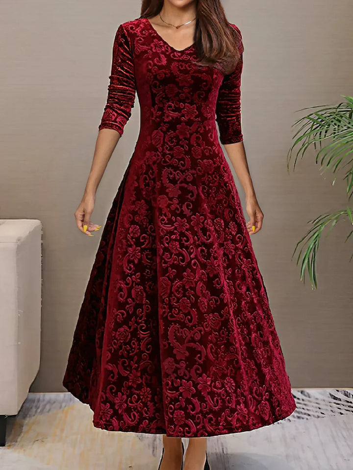 Robe femme élégante à col V, motif floral, polyvalente pour l'automne et les événements.