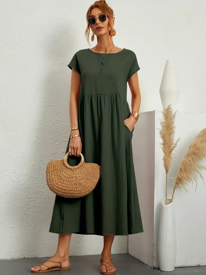 Robe lin élégante, poches, coupe flatteuse.  Parfait pour l'été.  Confortable et polyvalente.