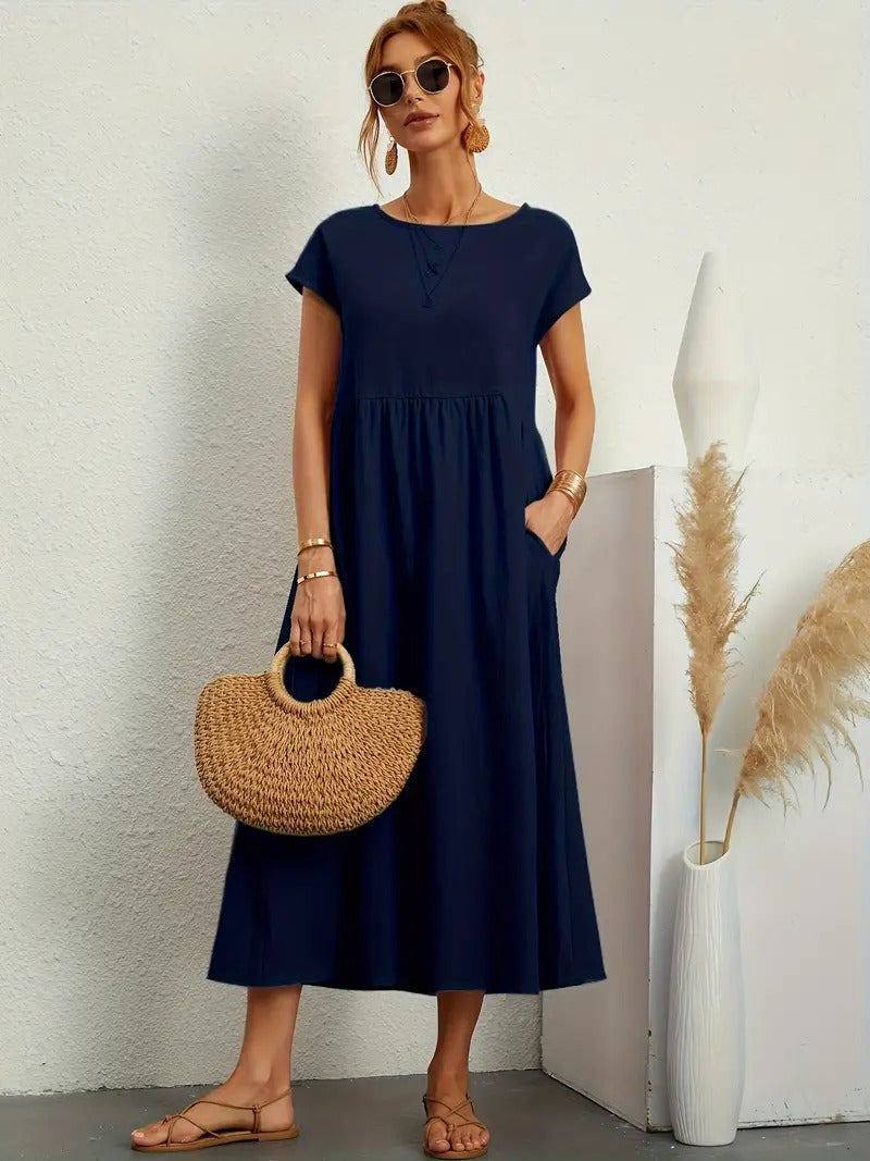 Robe lin élégante, poches, coupe flatteuse.  Parfait pour l'été.  Confortable et polyvalente.