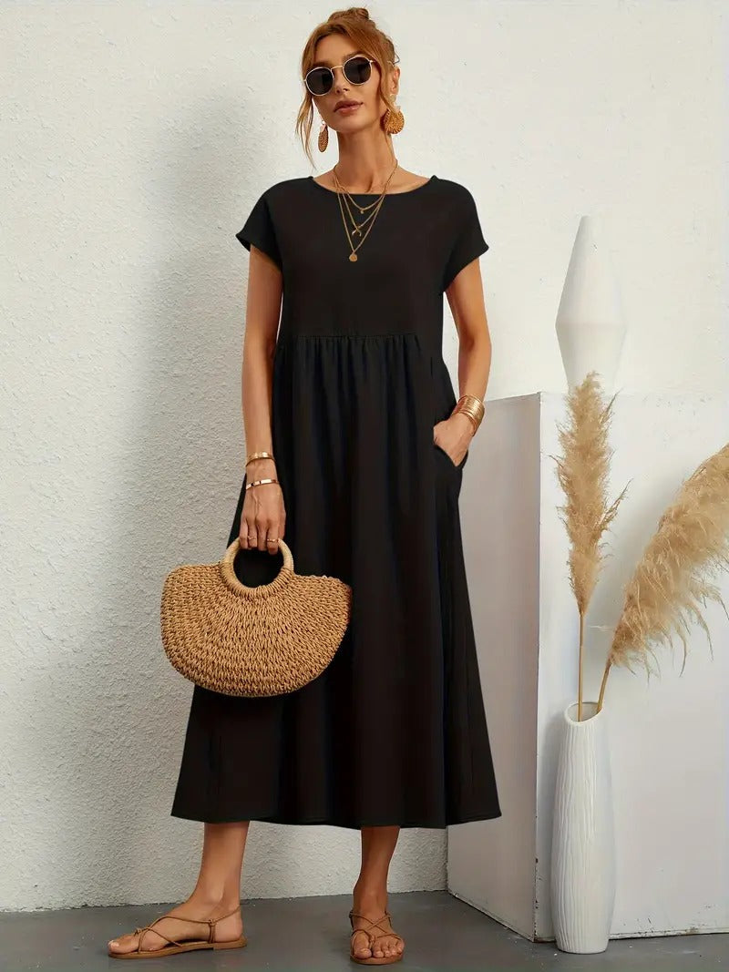 Robe lin élégante, poches, coupe flatteuse.  Parfait pour l'été.  Confortable et polyvalente.