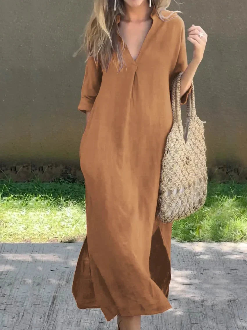 Robe lin femme, col V, poches. Coupe élégante et confortable.  Parfait pour l'été.