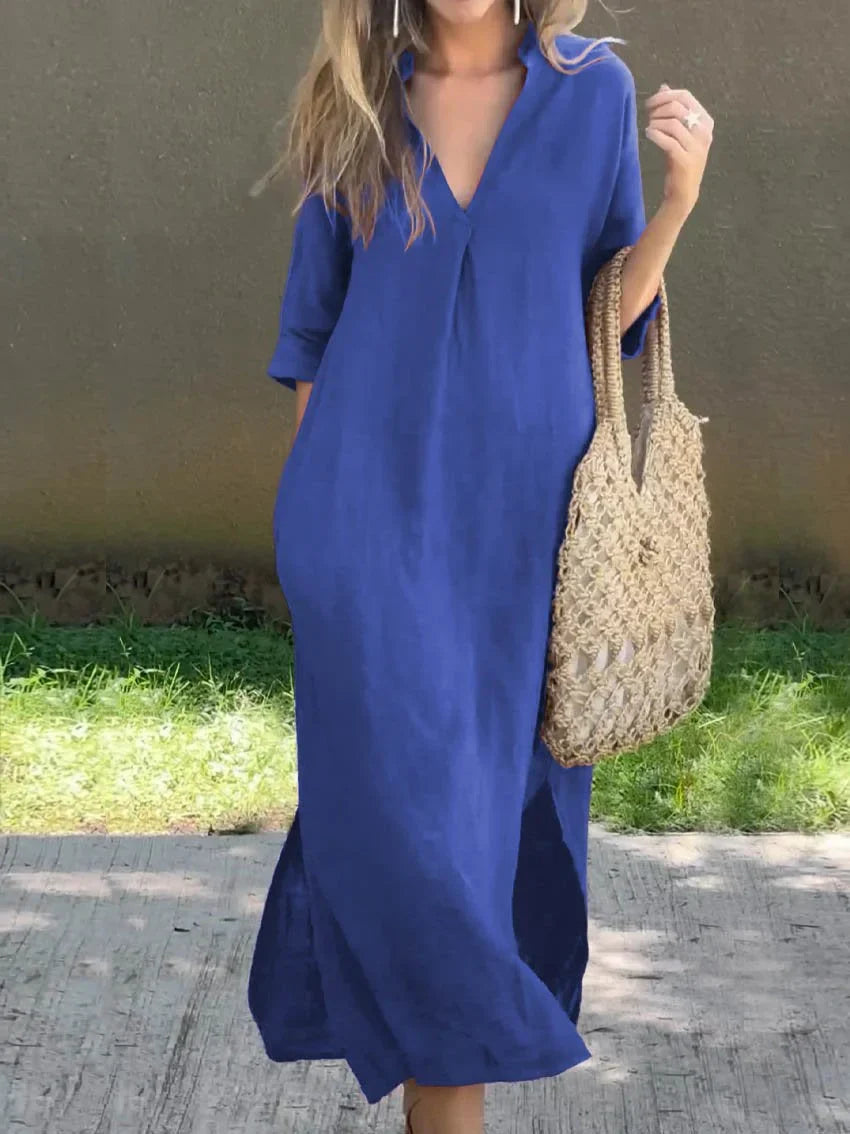 Robe lin femme, col V, poches. Coupe élégante et confortable.  Parfait pour l'été.