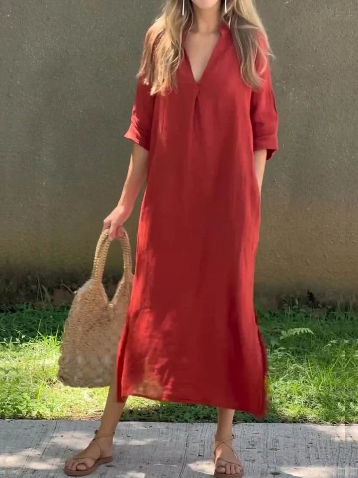 Robe lin femme, col V, poches. Coupe élégante et confortable.  Parfait pour l'été.