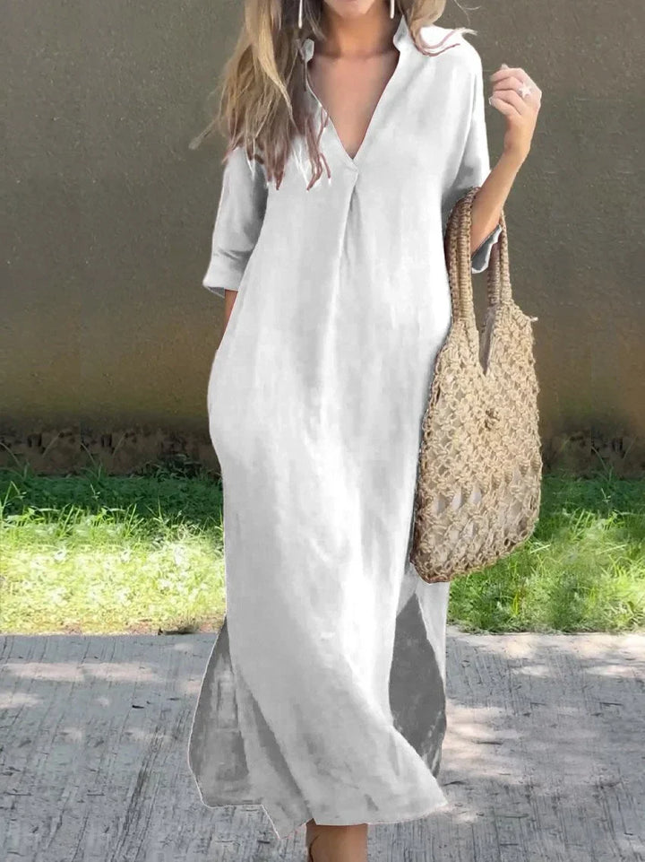Robe lin femme, col V, poches. Coupe élégante et confortable.  Parfait pour l'été.