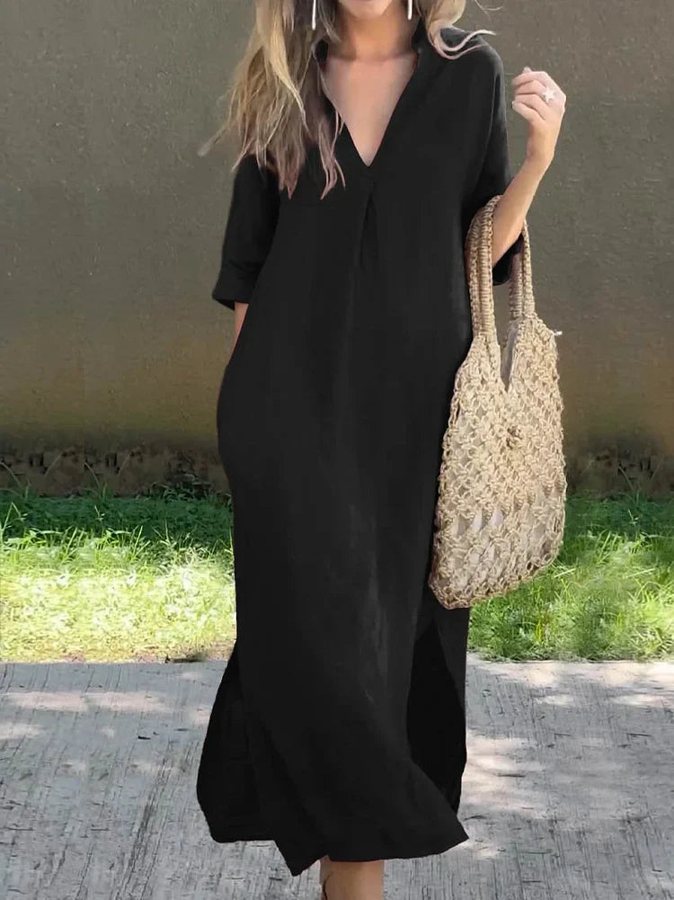 Robe lin femme, col V, poches. Coupe élégante et confortable.  Parfait pour l'été.