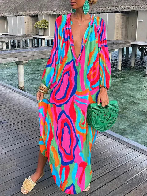 Robe longue bohème chic femme fluide, imprimé été, col V, manches longues, élégante pour plage.