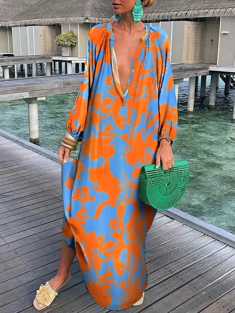 Élégante robe longue femme fluide, style boho chic imprimé, col V, manches longues, parfaite pour l'été.
