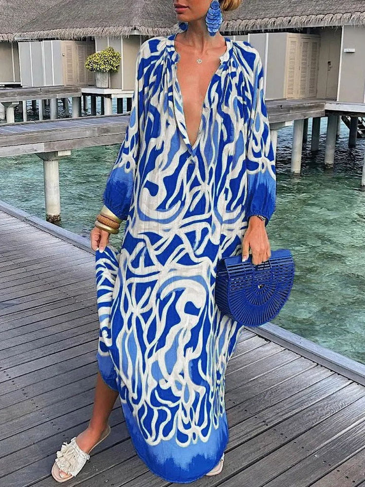 Robe femme longue chic et décontractée, fluide, manches longues, col V, imprimée boho, parfaite pour l'été.
