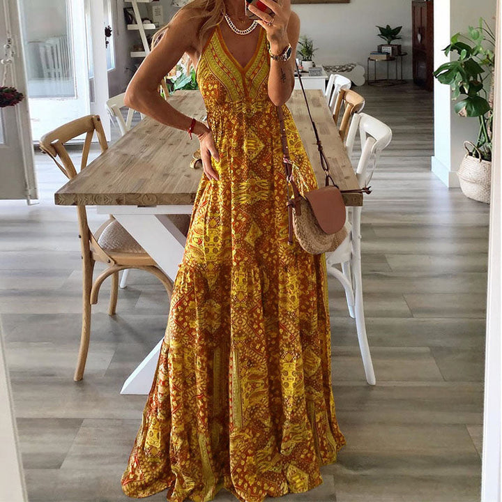 Robe longue bohème estivale, imprimé coloré, coupe fluide.  Maxi robe d'été.