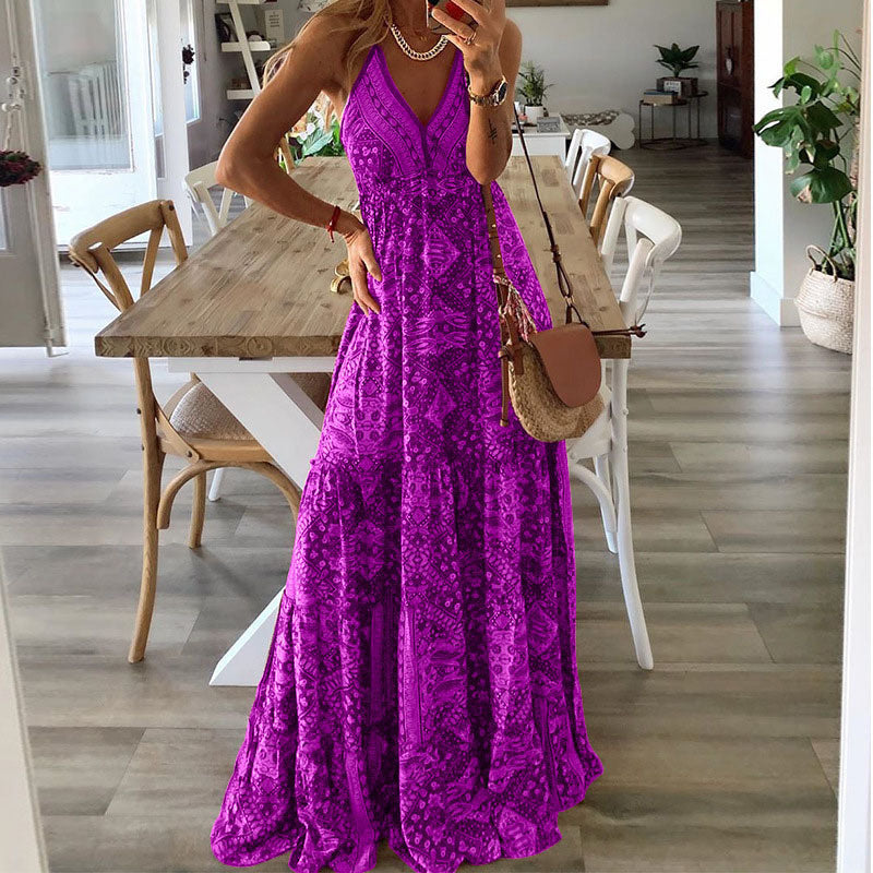 Robe longue bohème estivale, imprimé coloré, coupe fluide.  Maxi robe d'été.