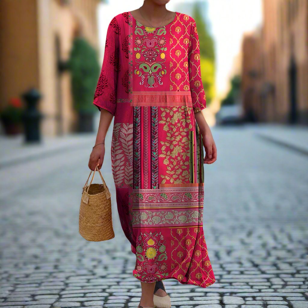 Robe longue bohème rouge, imprimé ethnique, fluide et ample.  Idéale été.