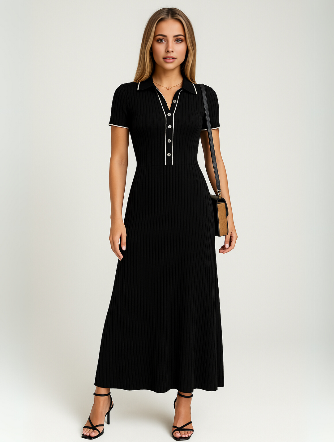 "Robe longue côtelée noire élégante et confortable, avec coupe ajustée et tissu luxueux pour un style intemporel."