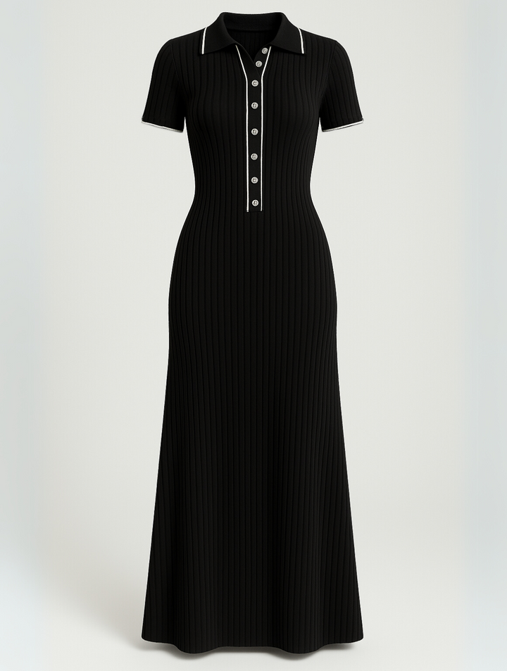 "Robe longue côtelée noire élégante et confortable, avec coupe ajustée et tissu luxueux pour un style intemporel."
