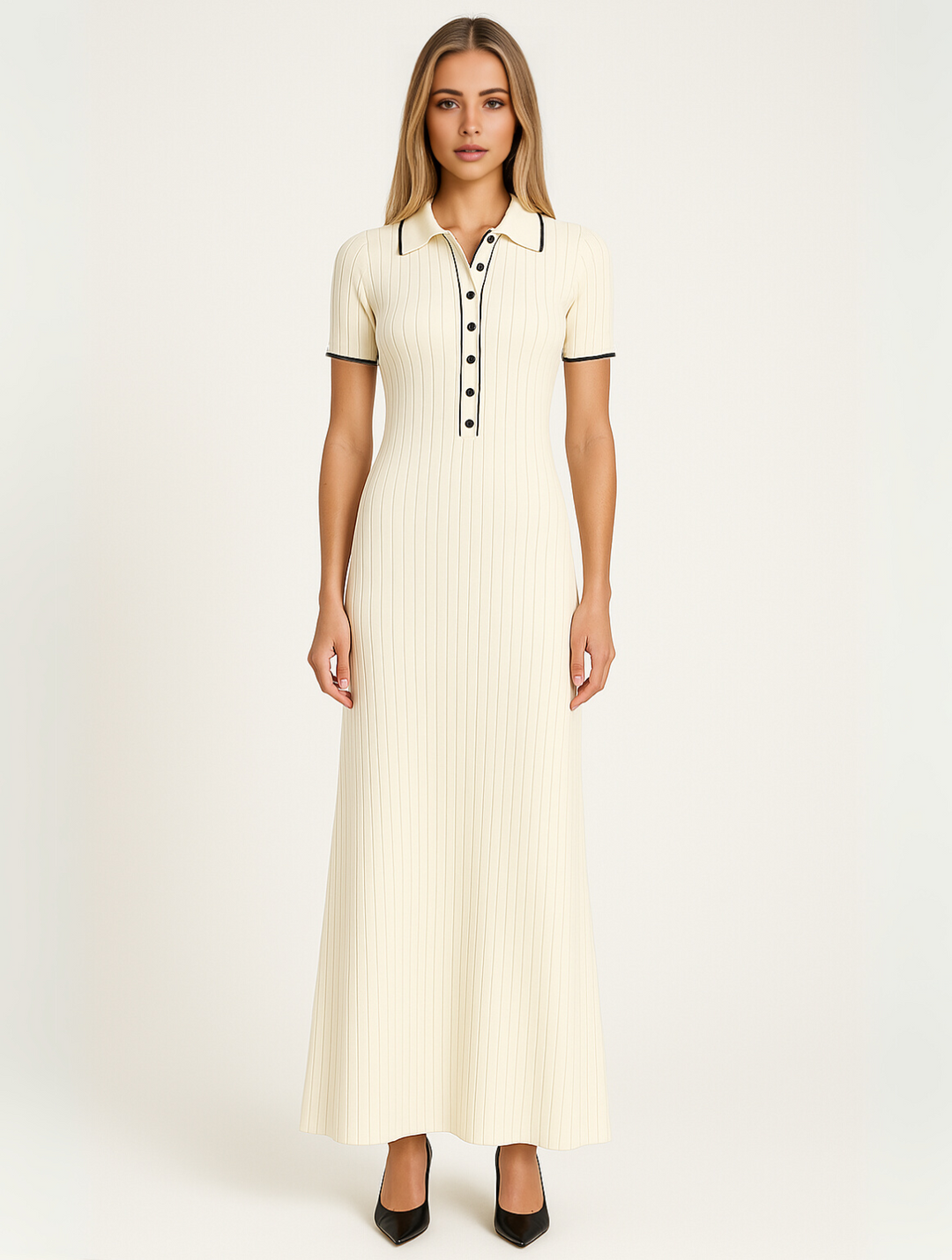 "Robe longue côtelée noire élégante et confortable, avec coupe ajustée et tissu luxueux pour un style intemporel."