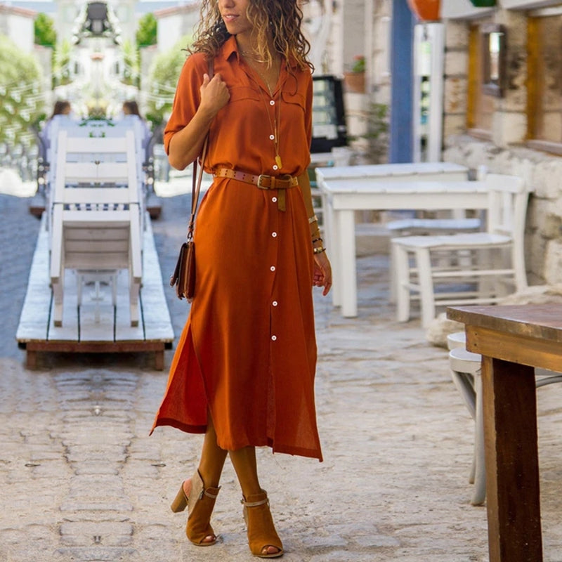 Robe longue Dania femme fluide à manches, élégante pour cocktail ou décontracté chic.