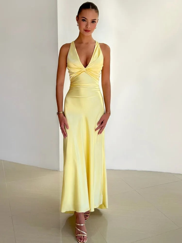 "Robe longue élégante A-line maxi sans manches, encolure en V, en satin, couleur sombre, pour événements spéciaux femmes"