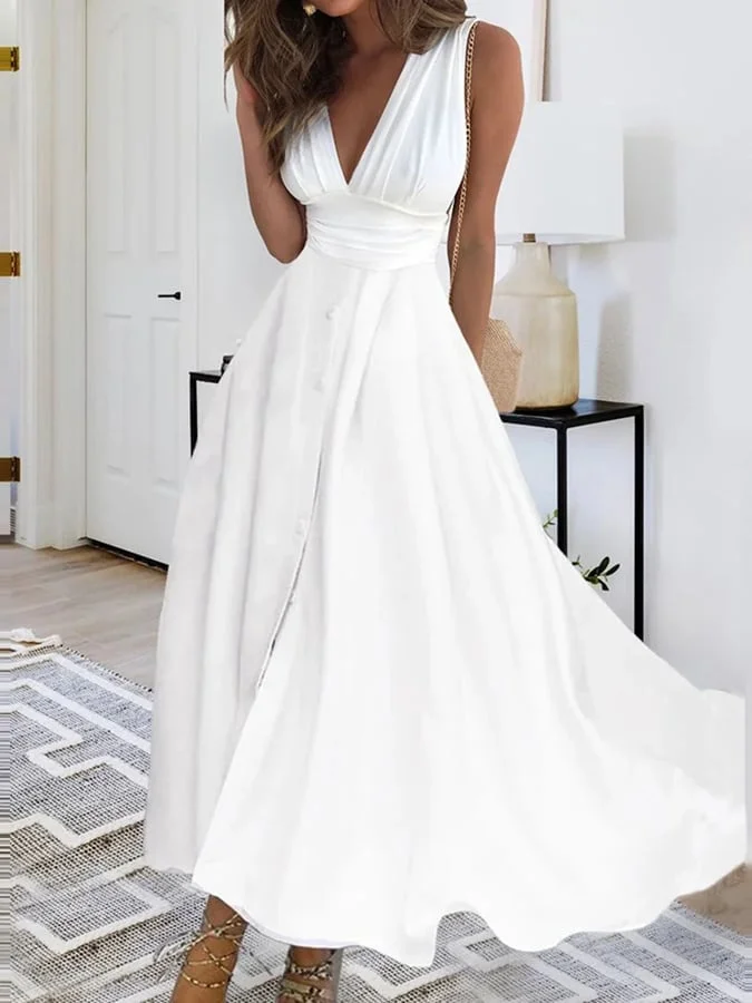 Robe longue élégante, col V, idéale pour banquet.  Silhouette féminine et flatteuse.