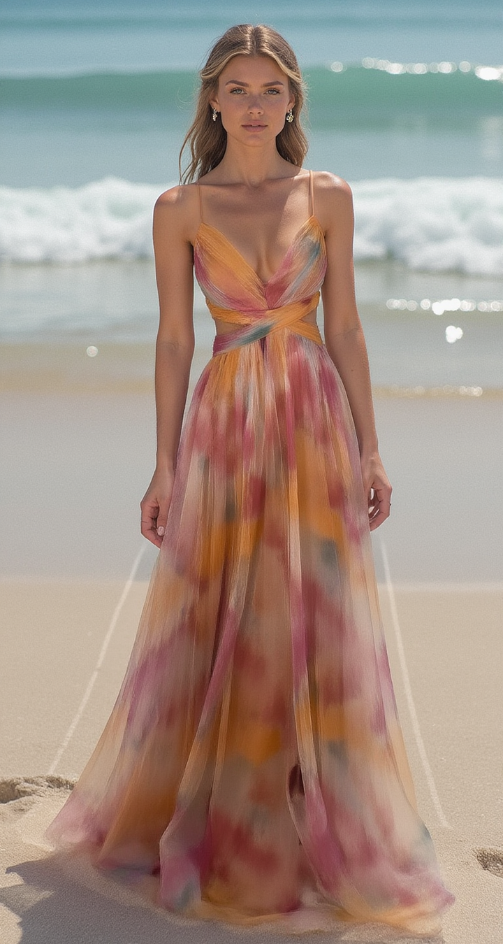 Robe longue élégante, imprimé chic, laçage raffiné.  Parfait pour les occasions spéciales.