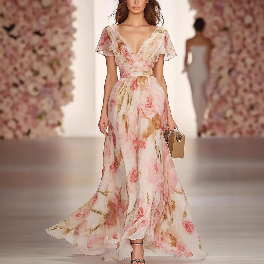 Robe longue femme, coupe évasée, col V, imprimé floral séduisant, manches volantées, style féminin et élégant.