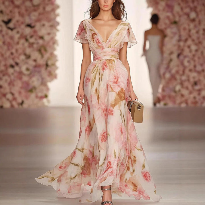 Robe longue femme, coupe évasée, col V, imprimé floral séduisant, manches volantées, style féminin et élégant.